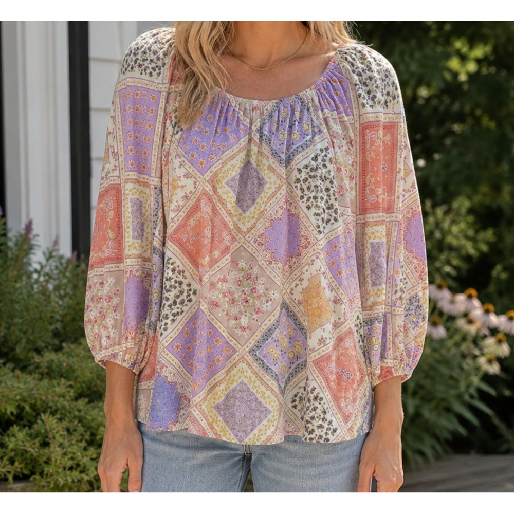 Boho Patchwork Peasant Blouse Women's Large Floral Paisley Cottagecore Top